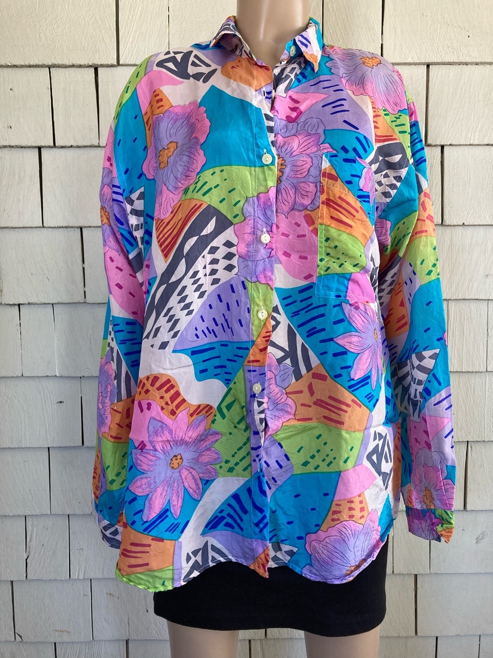 Multicolored Silk Button Down Blouse Geometric Print Size Medium